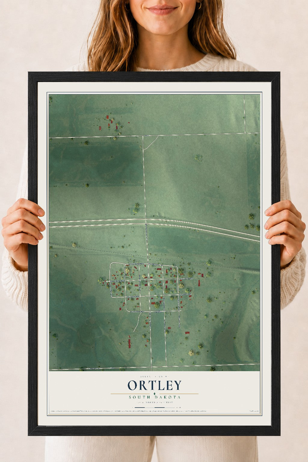 Map of Ortley, South Dakota, 18 x 24 inch print in a black wood frame