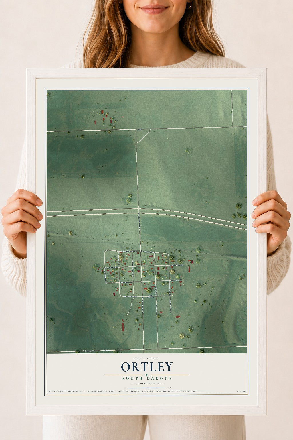 Map of Ortley, South Dakota, 18 x 24 inch print in a white wood frame