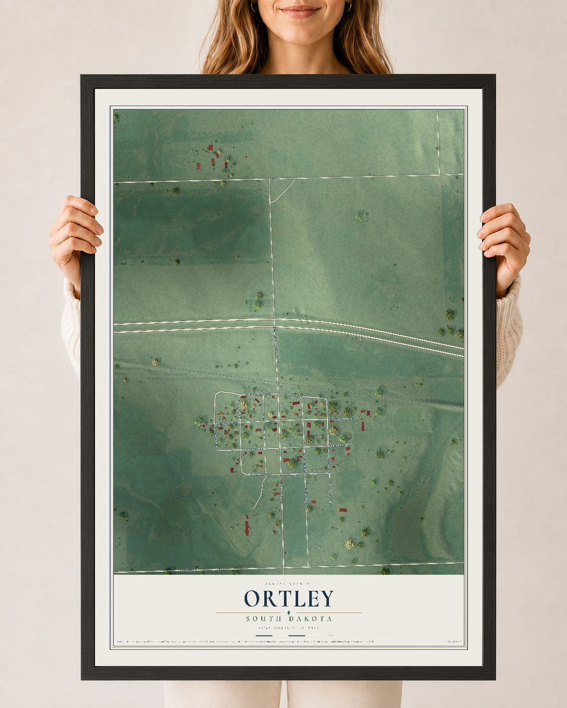 Map of Ortley, South Dakota, 24 x 36 inch print in a black wood frame