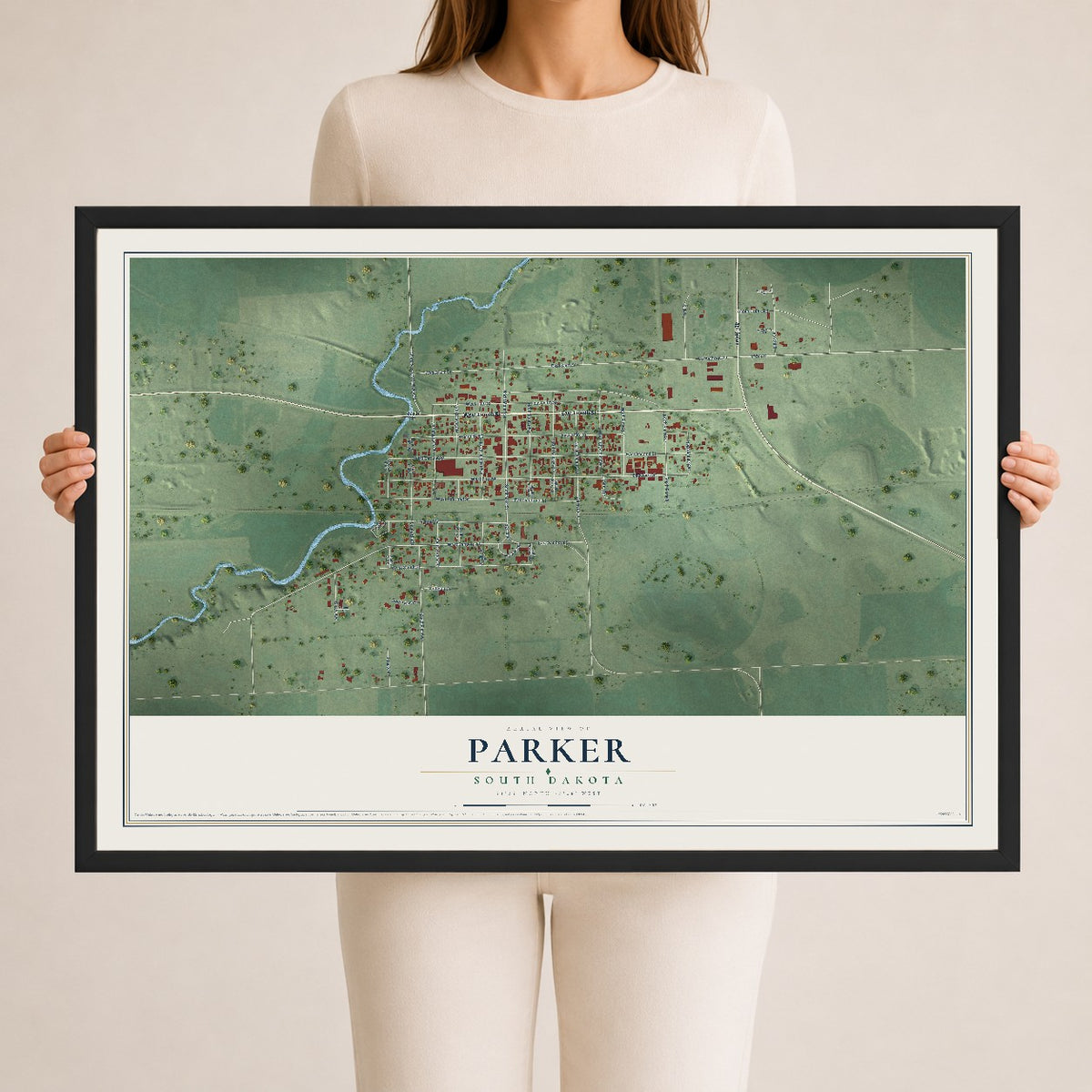 Map of Parker, South Dakota, 24 x 36 inch print in a black wood frame