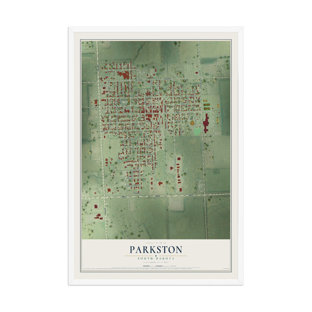 Map of Parkston, South Dakota, 12 x 18 inch print in a white wood frame