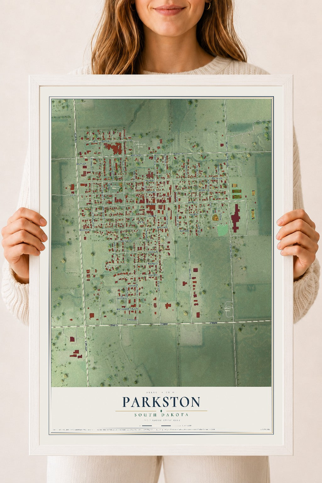 Map of Parkston, South Dakota, 18 x 24 inch print in a white wood frame