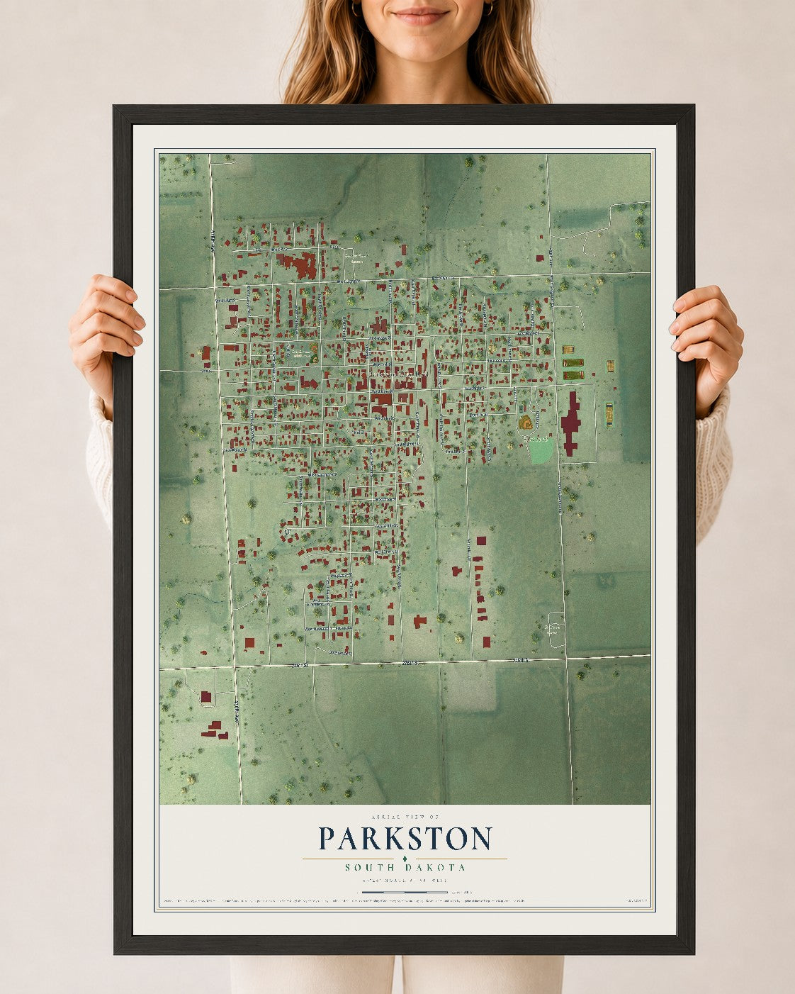 Map of Parkston, South Dakota, 24 x 36 inch print in a black wood frame