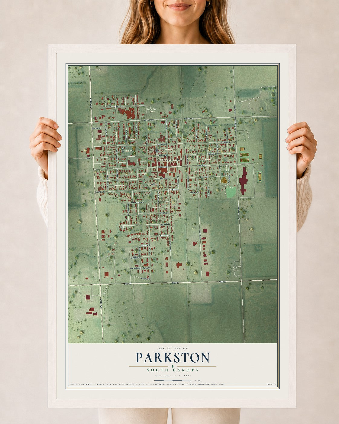 Map of Parkston, South Dakota, 24 x 36 inch print in a white wood frame