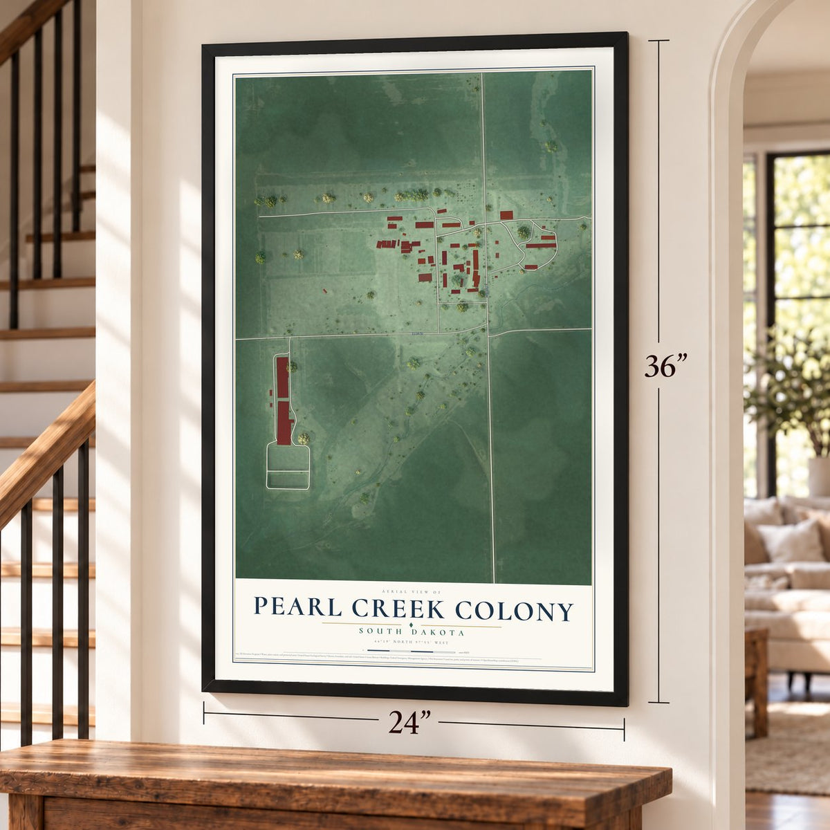 Pearl Creek Colony, South Dakota map, 24 x 36 inch print in a black frame by a staircase