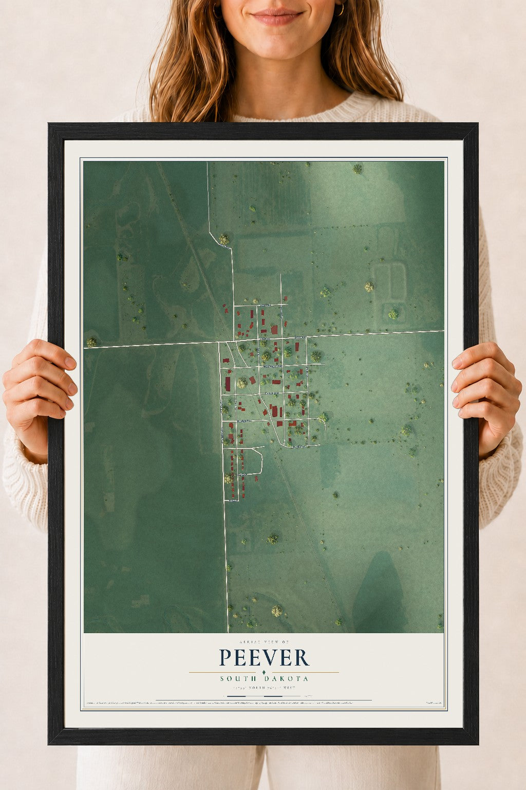 Map of Peever, South Dakota, 18 x 24 inch print in a black wood frame
