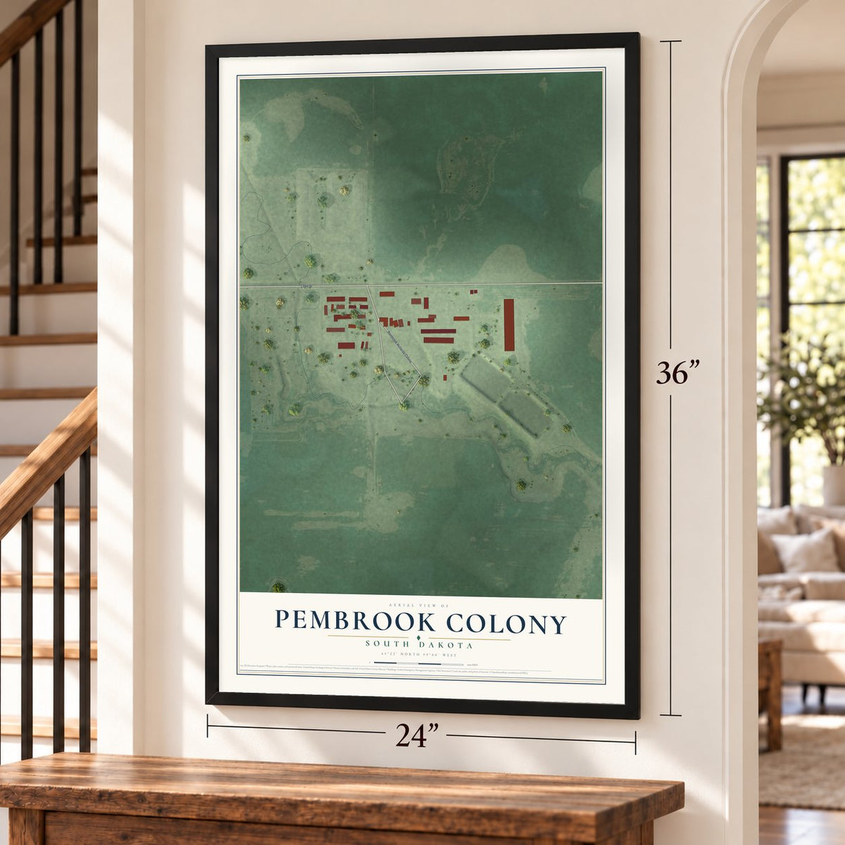Pembrook Colony, South Dakota map, 24 x 36 inch print in a black frame by a staircase