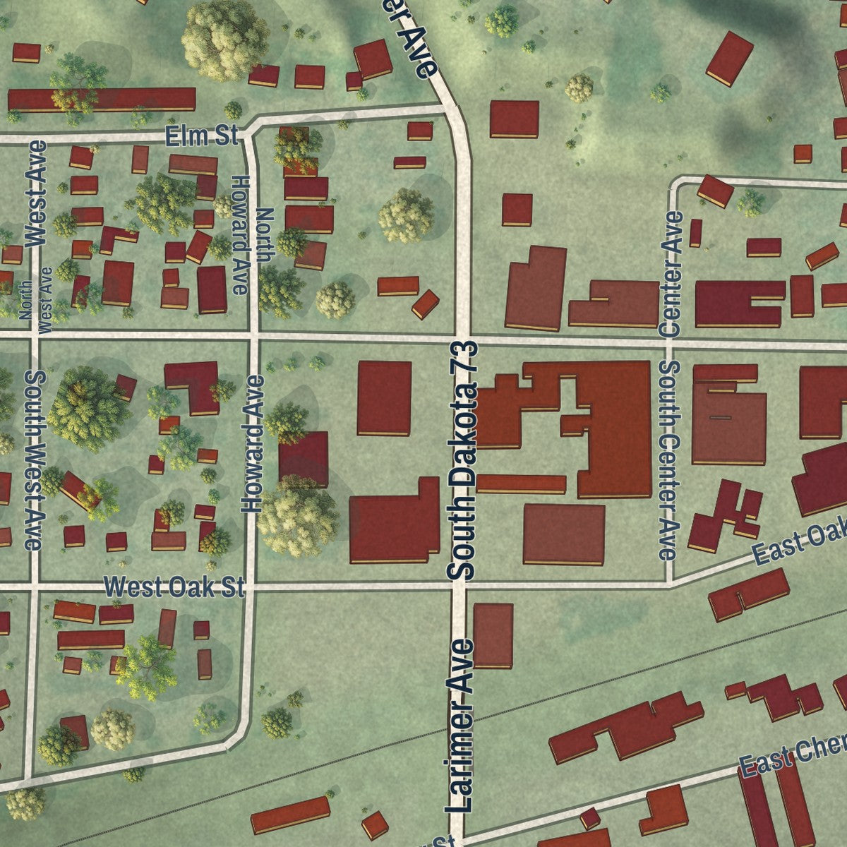 Close-up of the map of Philip, South Dakota print showing street and building detail