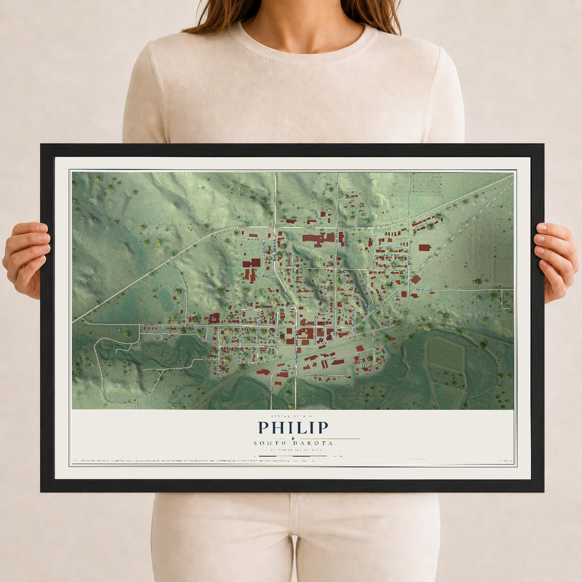 Map of Philip, South Dakota, 12 x 18 inch print in a black wood frame