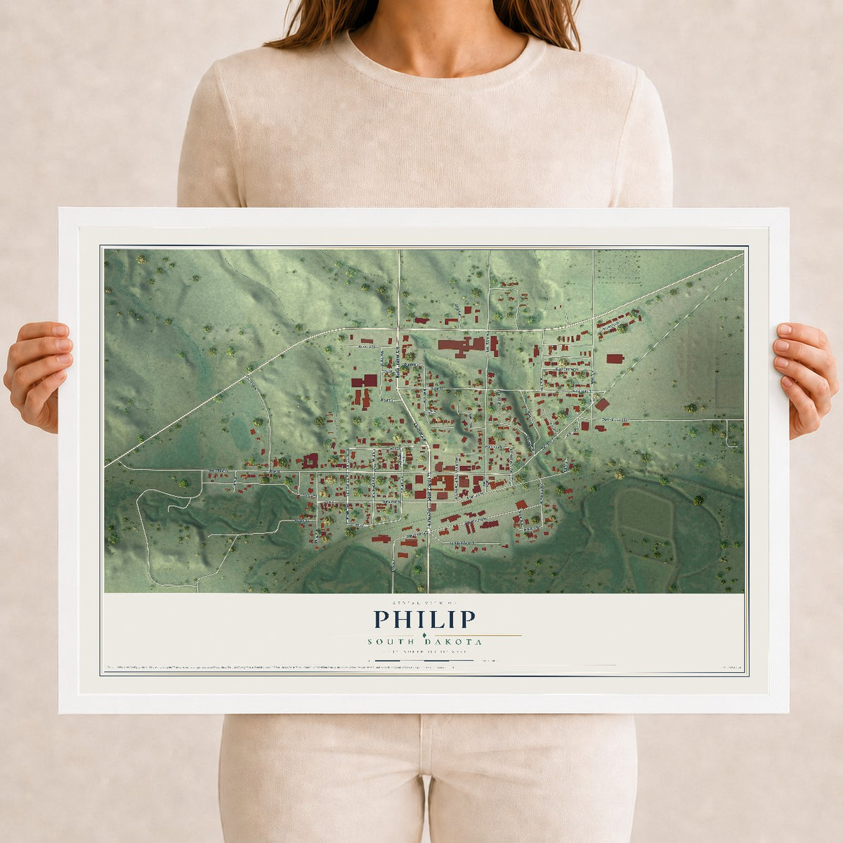 Map of Philip, South Dakota, 12 x 18 inch print in a white wood frame