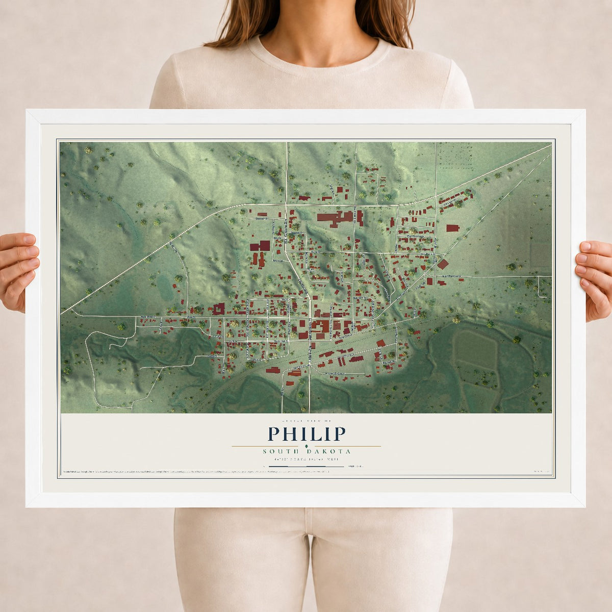 Map of Philip, South Dakota, 18 x 24 inch print in a white wood frame