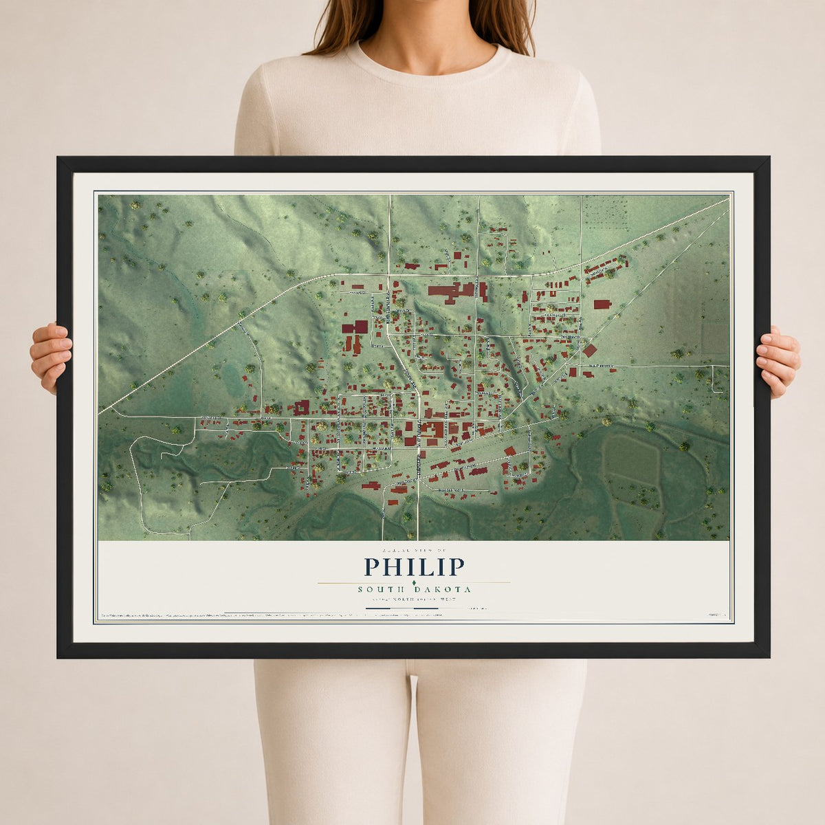 Map of Philip, South Dakota, 24 x 36 inch print in a black wood frame