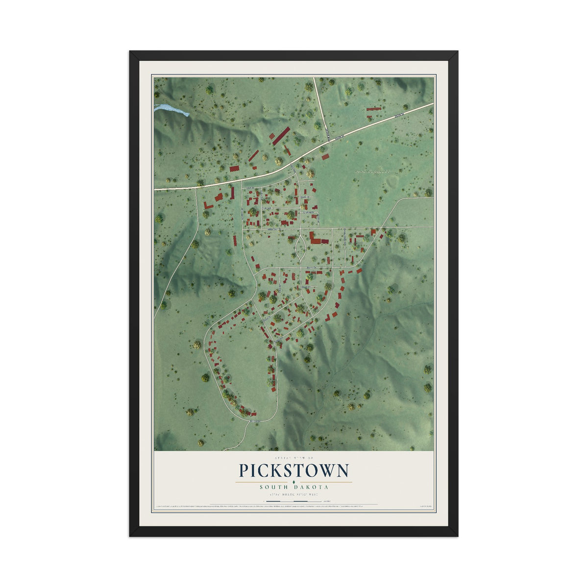 Map of Pickstown, South Dakota, 12 x 18 inch print in a black wood frame