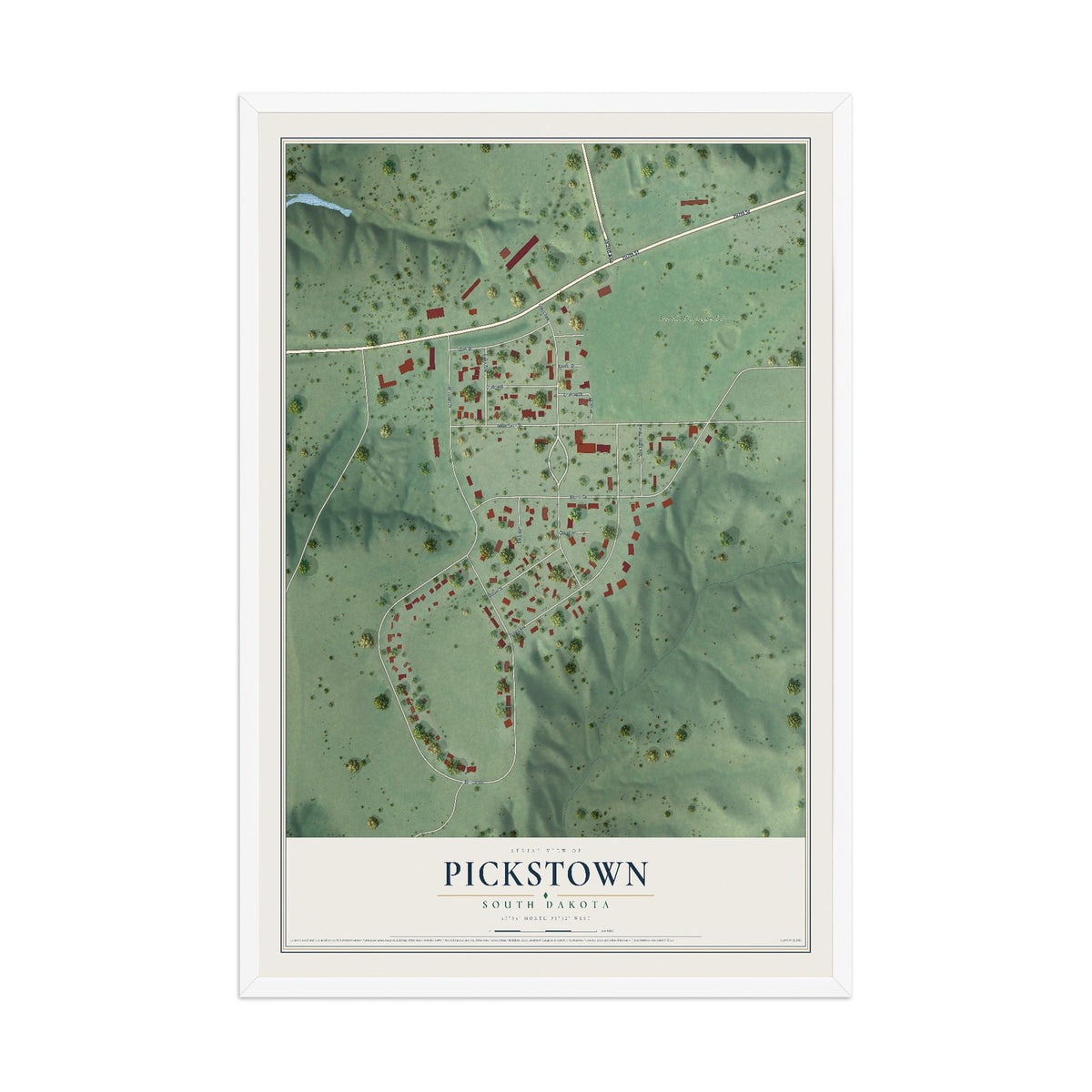 Map of Pickstown, South Dakota, 12 x 18 inch print in a white wood frame
