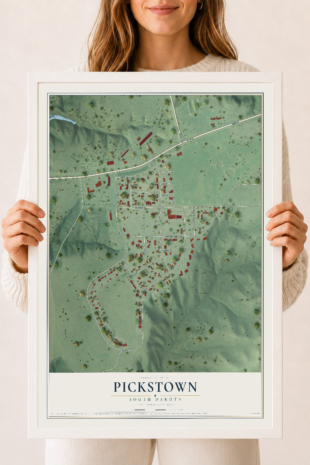 Map of Pickstown, South Dakota, 18 x 24 inch print in a white wood frame