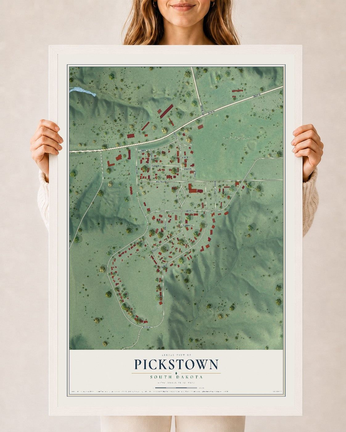 Map of Pickstown, South Dakota, 24 x 36 inch print in a white wood frame