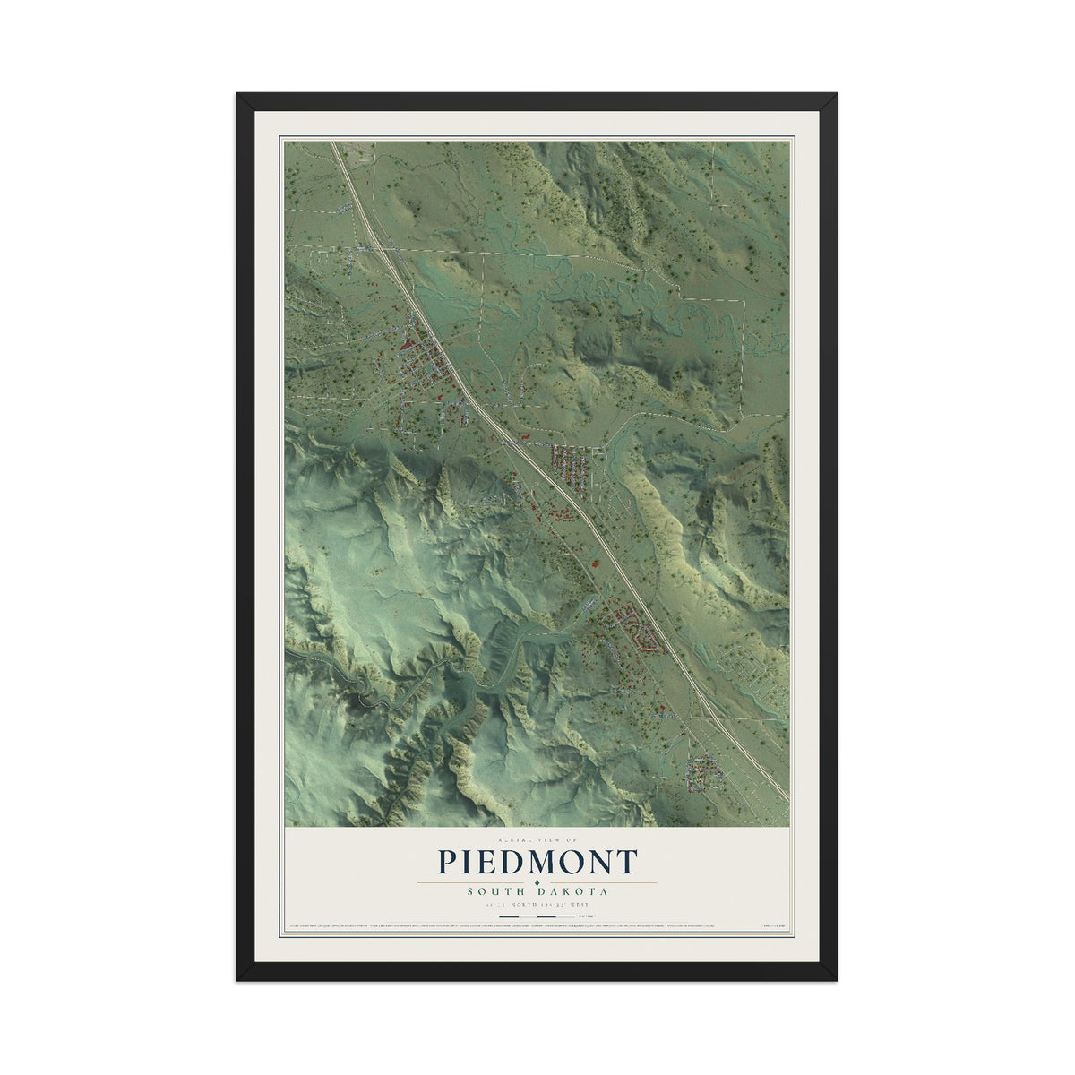 Map of Piedmont, South Dakota, 12 x 18 inch print in a black wood frame