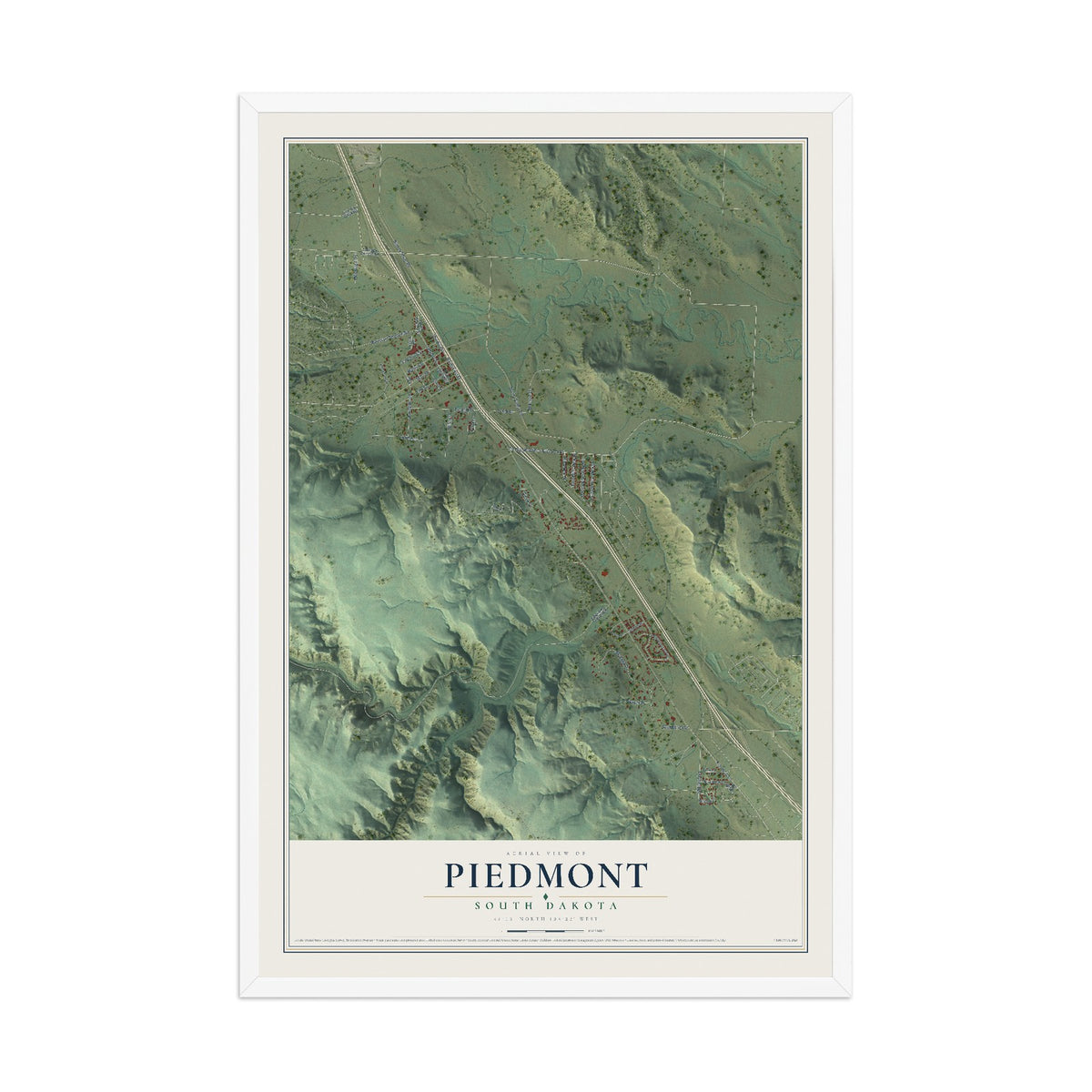 Map of Piedmont, South Dakota, 12 x 18 inch print in a white wood frame