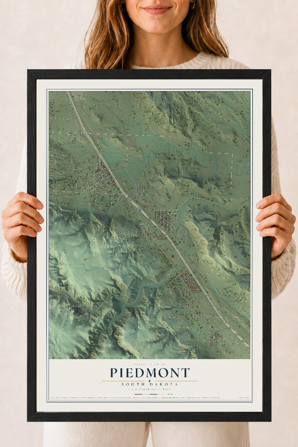 Map of Piedmont, South Dakota, 18 x 24 inch print in a black wood frame