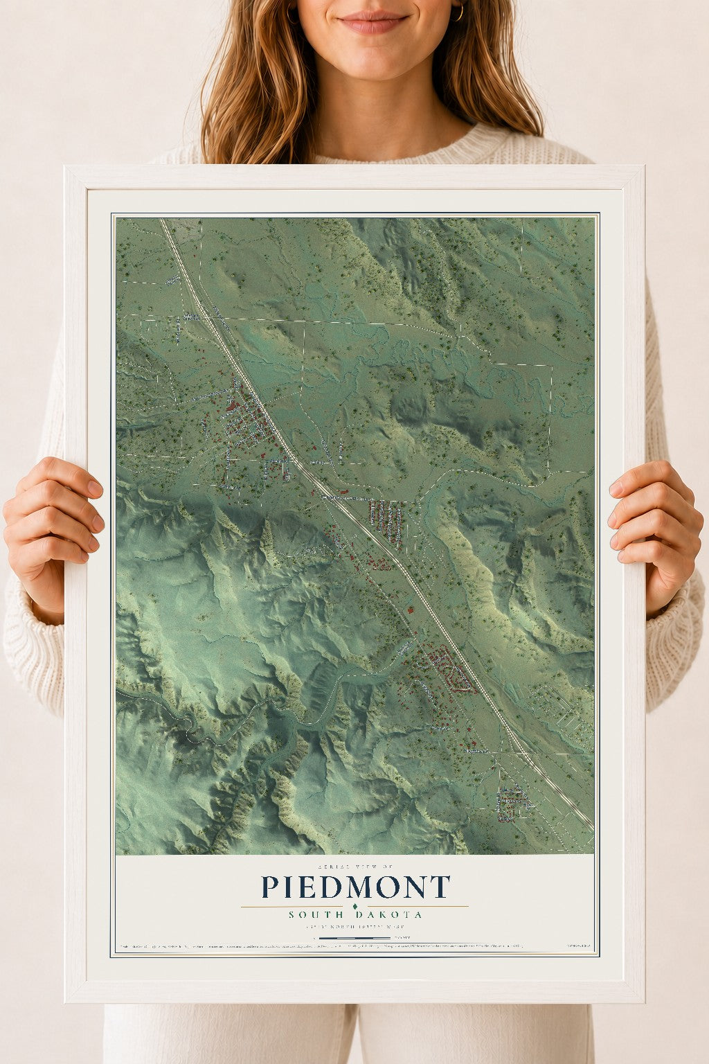 Map of Piedmont, South Dakota, 18 x 24 inch print in a white wood frame