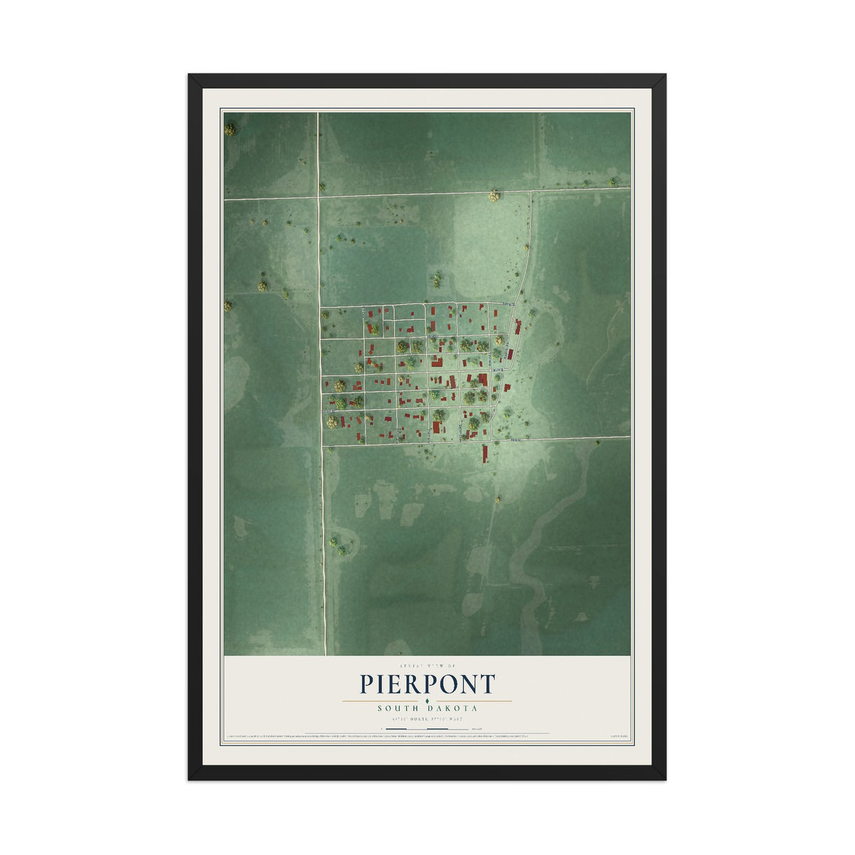 Map of Pierpont, South Dakota, 12 x 18 inch print in a black wood frame