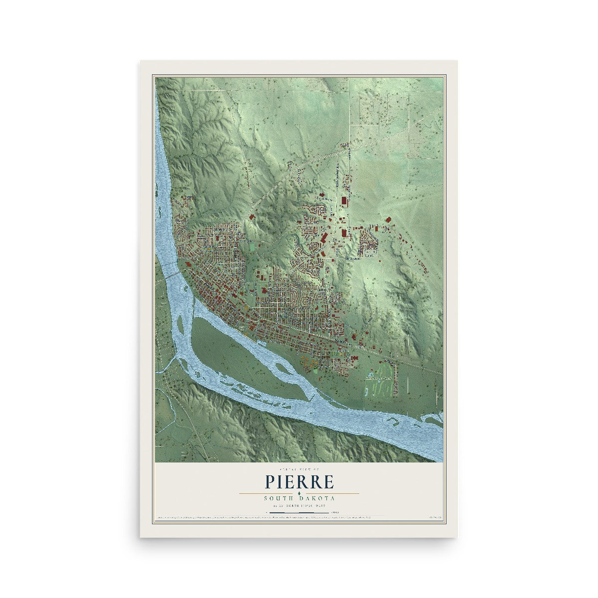 Map of Pierre, South Dakota, 12 x 18 inch unframed archival matte print