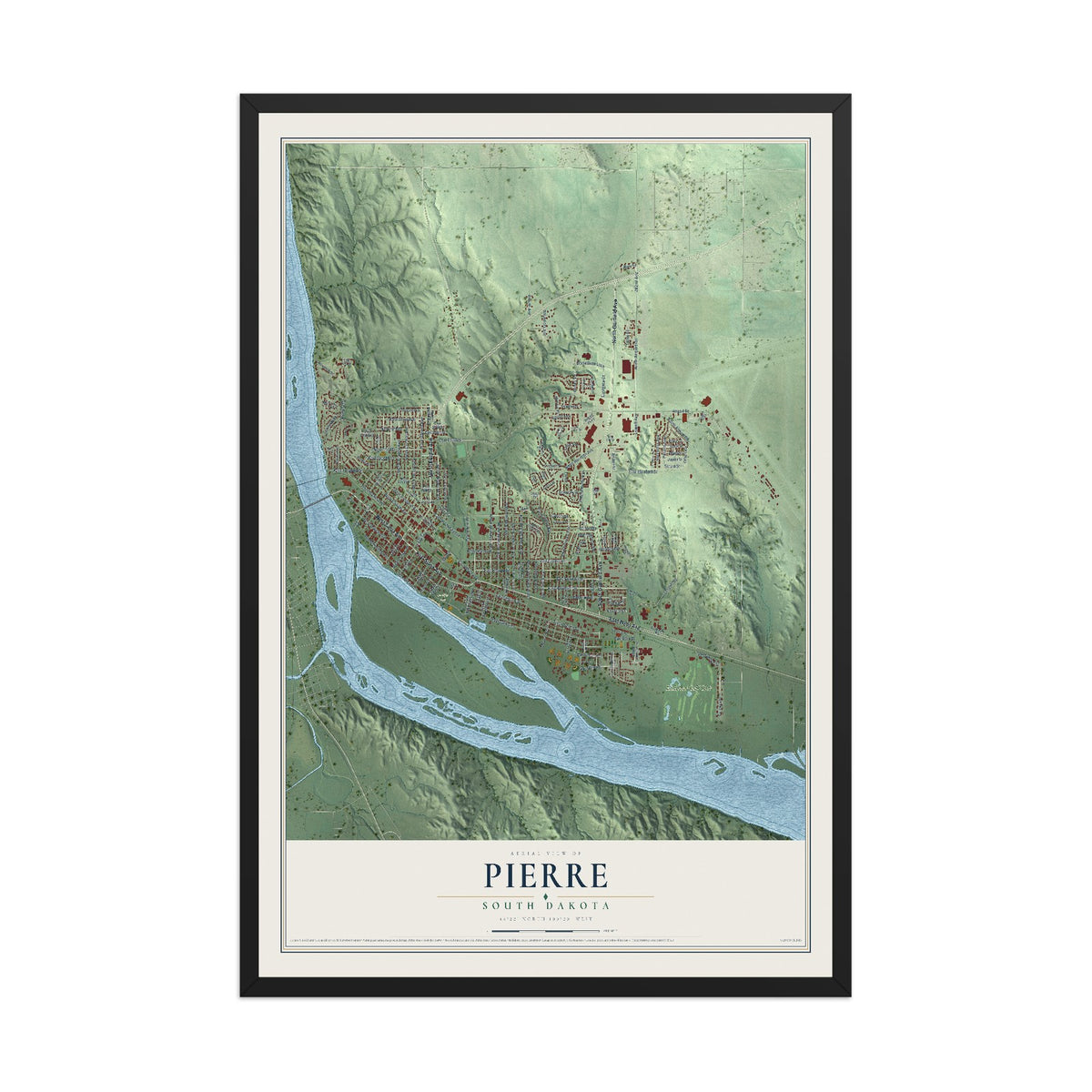 Map of Pierre, South Dakota, 12 x 18 inch print in a black wood frame