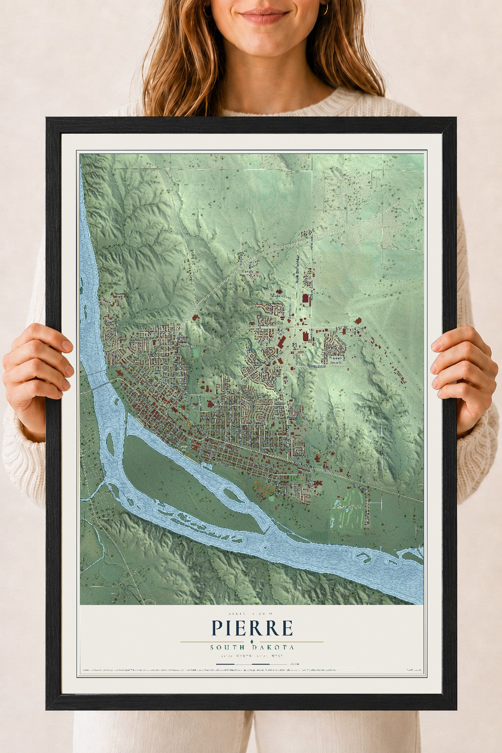 Map of Pierre, South Dakota, 18 x 24 inch print in a black wood frame