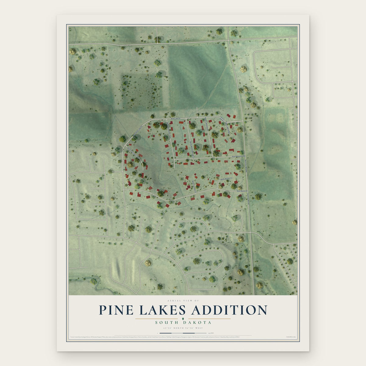 Pine Lakes Addition, South Dakota map print, the full design