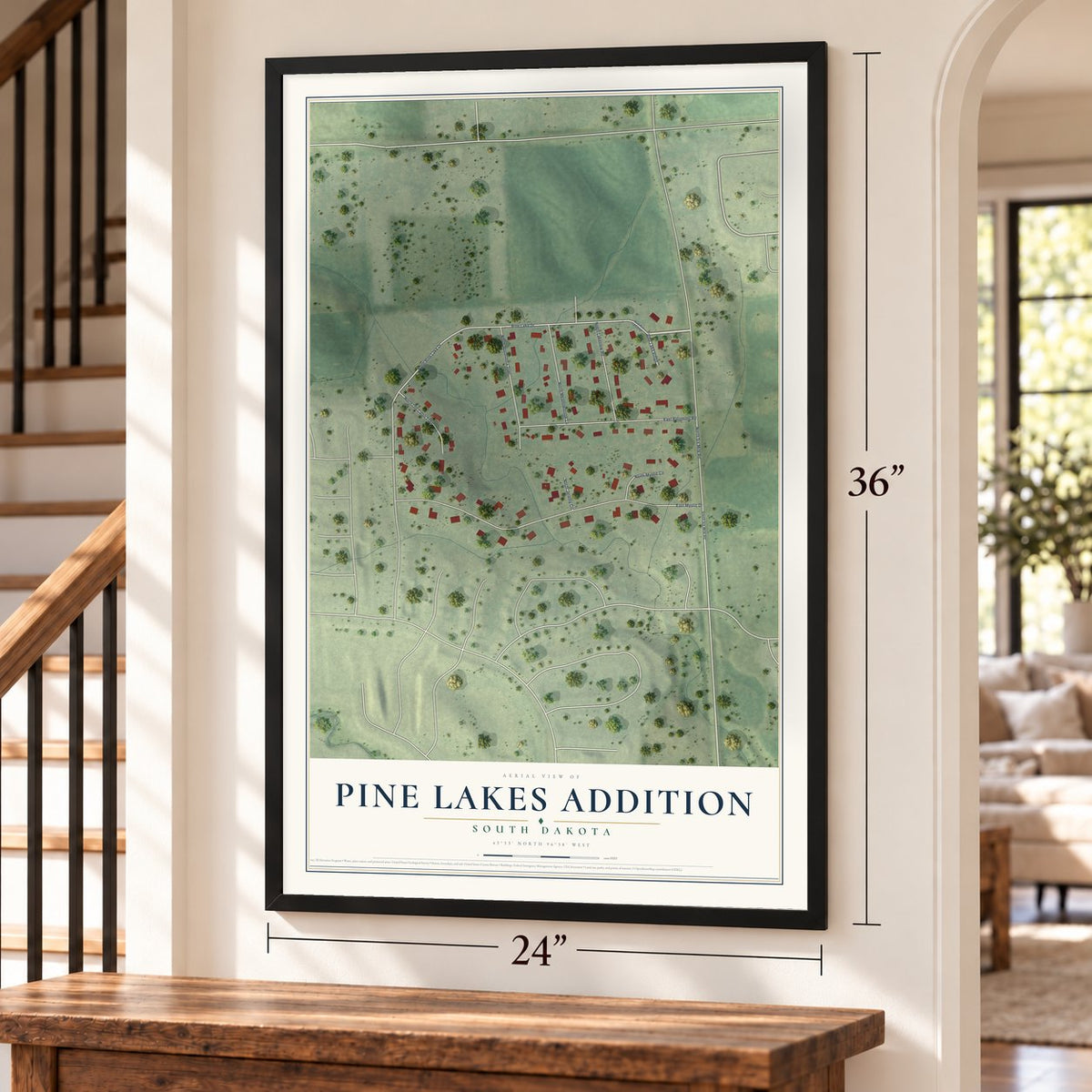 Pine Lakes Addition, South Dakota map, 24 x 36 inch print in a black frame by a staircase