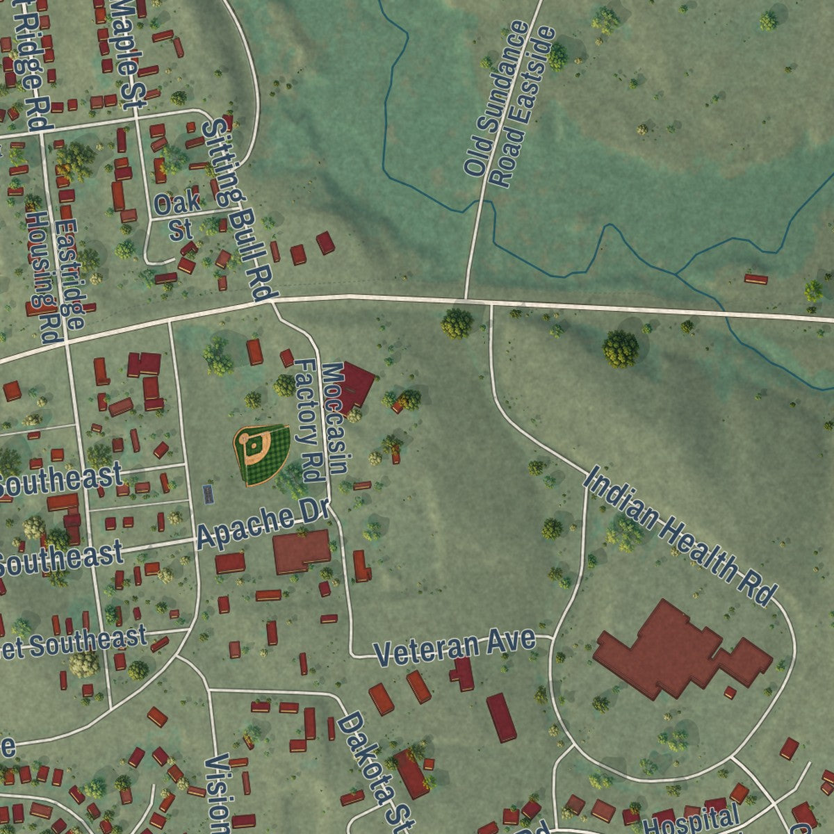 Close-up of the map of Pine Ridge, South Dakota print showing street and building detail