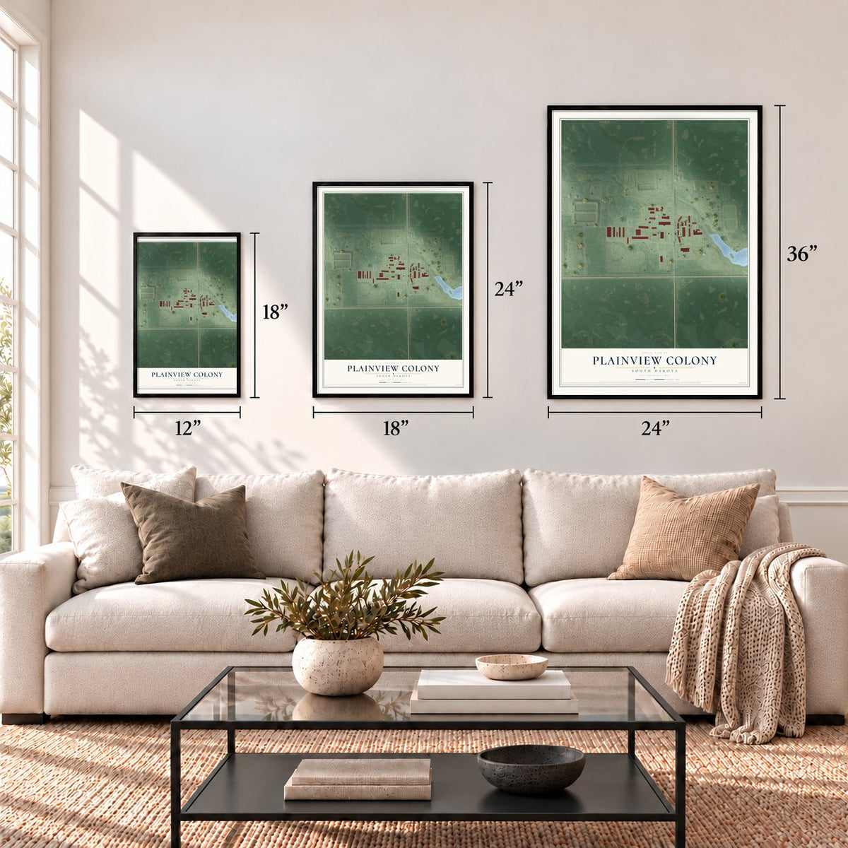 Plainview Colony, South Dakota map in 12 x 18, 18 x 24 and 24 x 36 inch sizes above a sofa