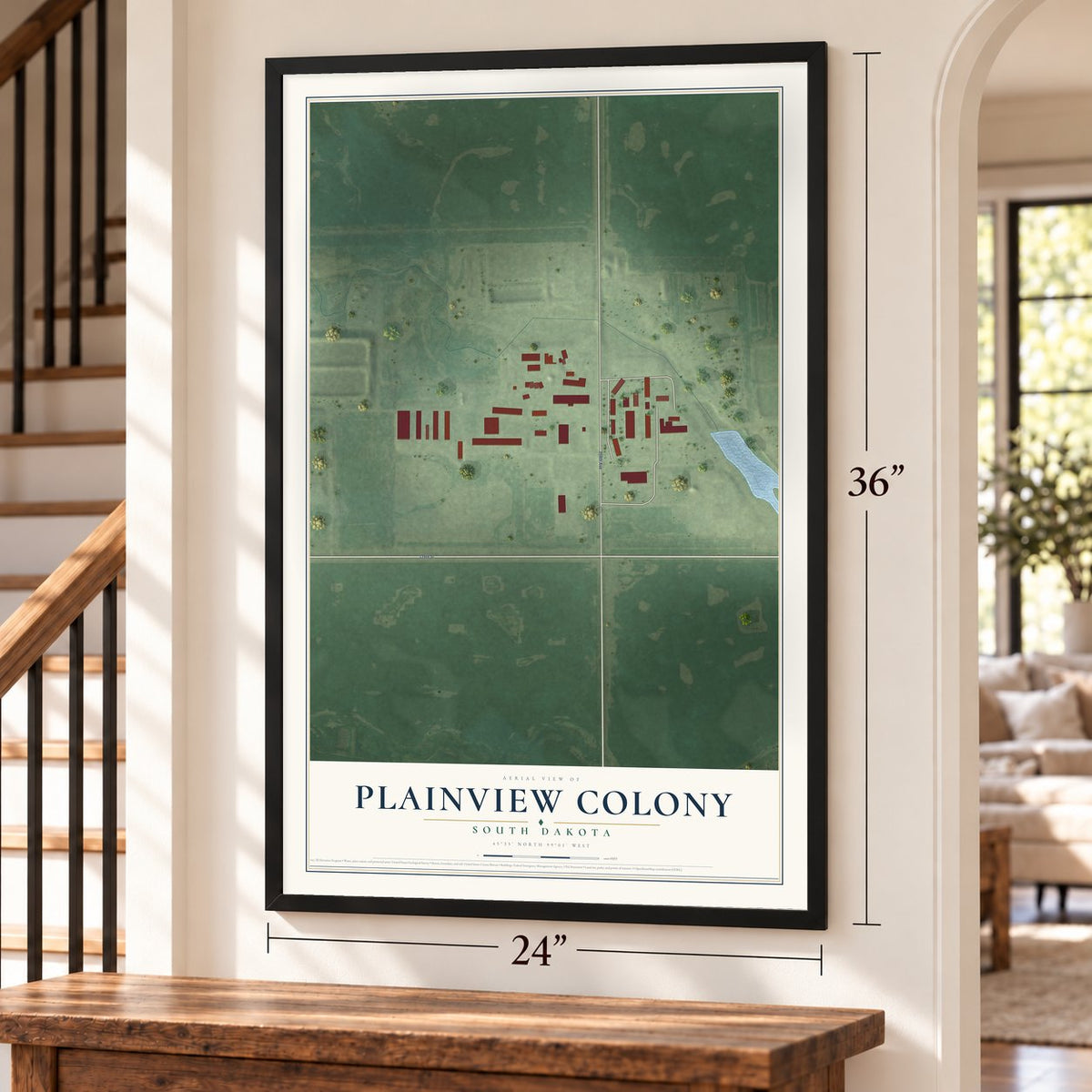 Plainview Colony, South Dakota map, 24 x 36 inch print in a black frame by a staircase