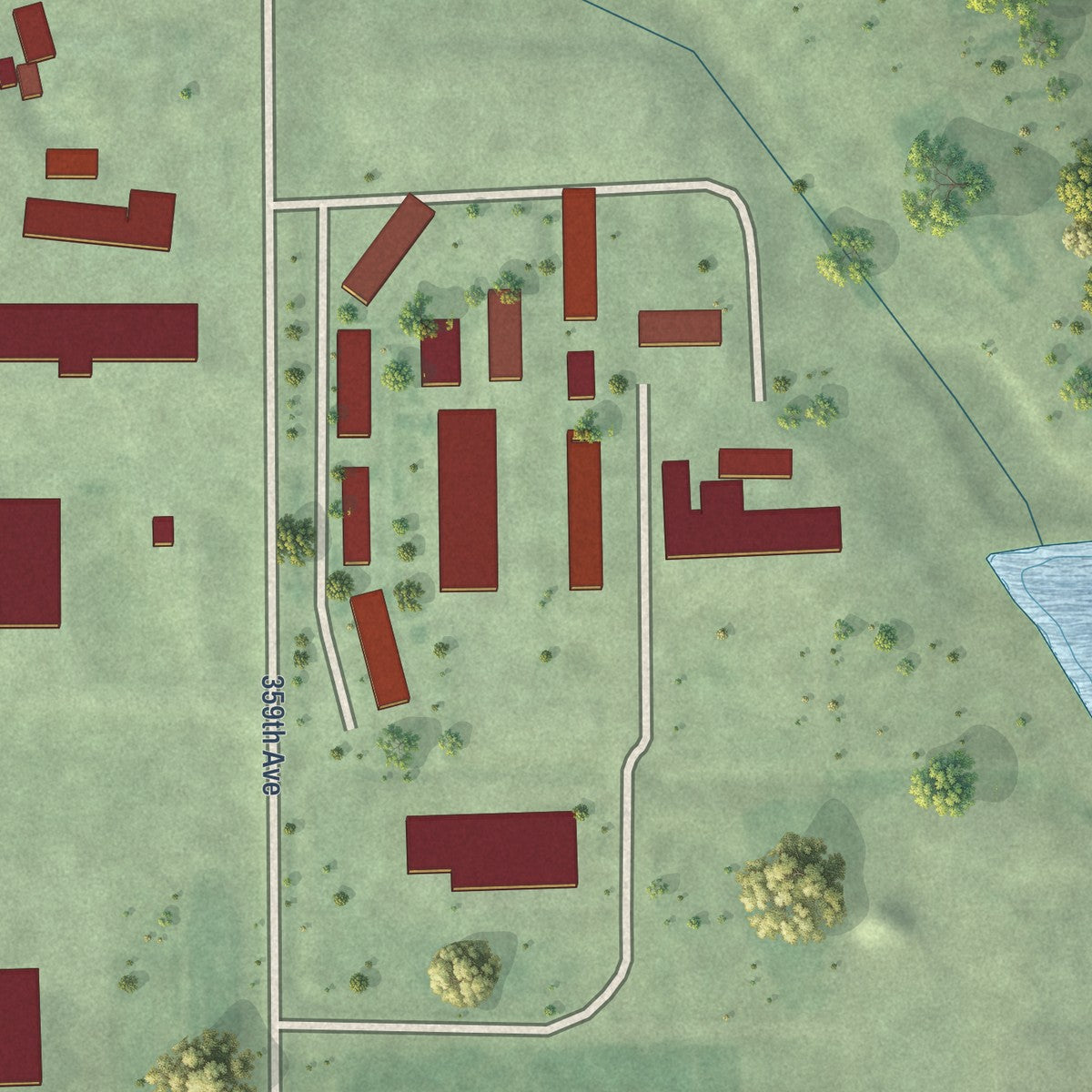 Close-up of the map of Plainview Colony, South Dakota print showing street and building detail
