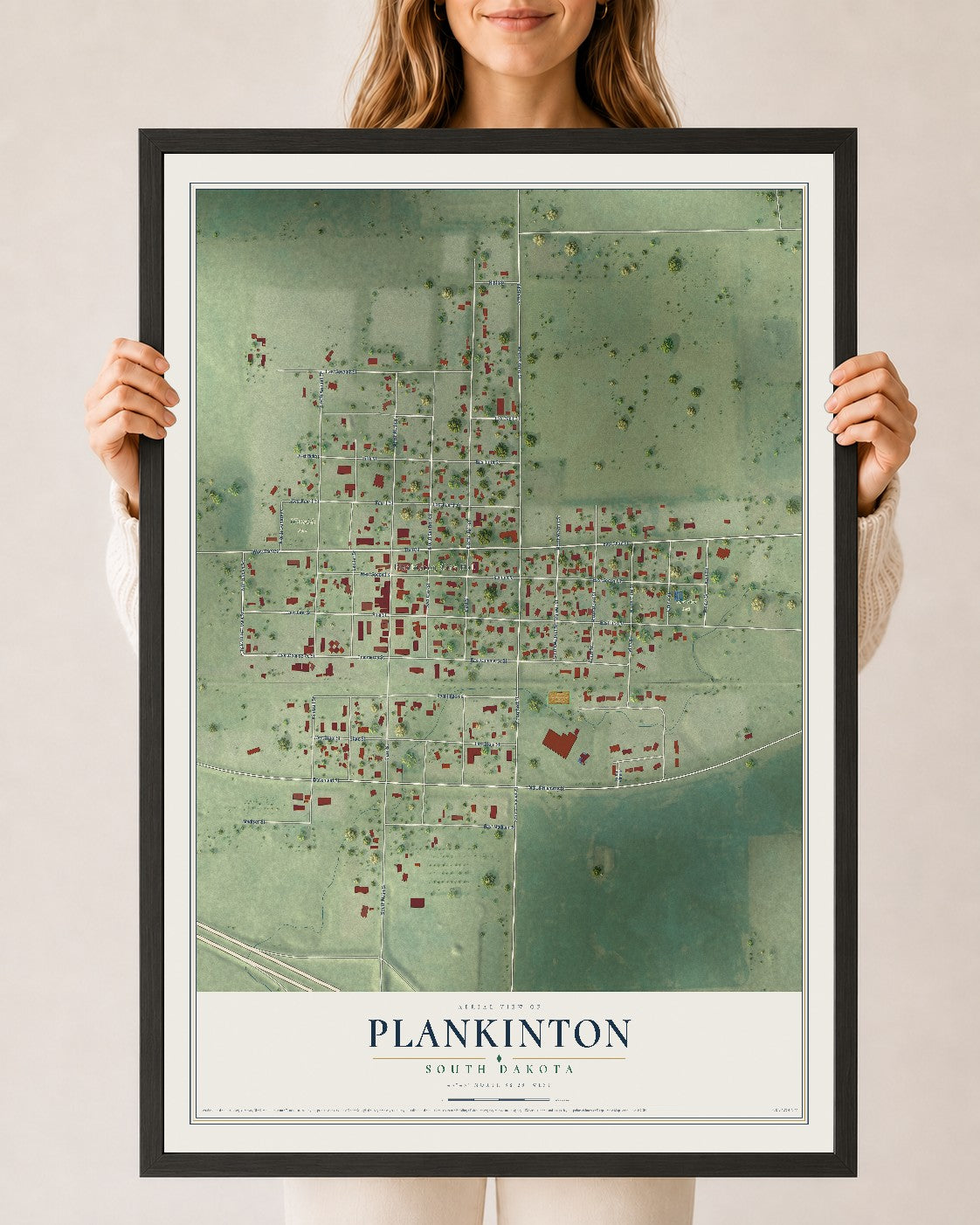 Map of Plankinton, South Dakota, 24 x 36 inch print in a black wood frame