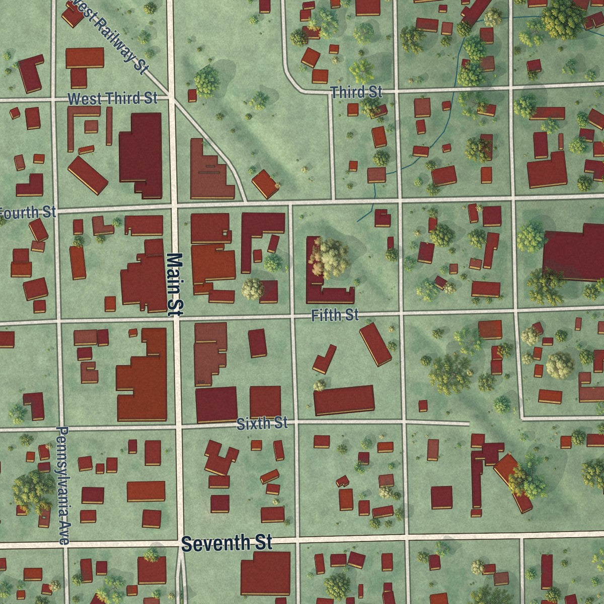 Close-up of the map of Platte, South Dakota print showing street and building detail