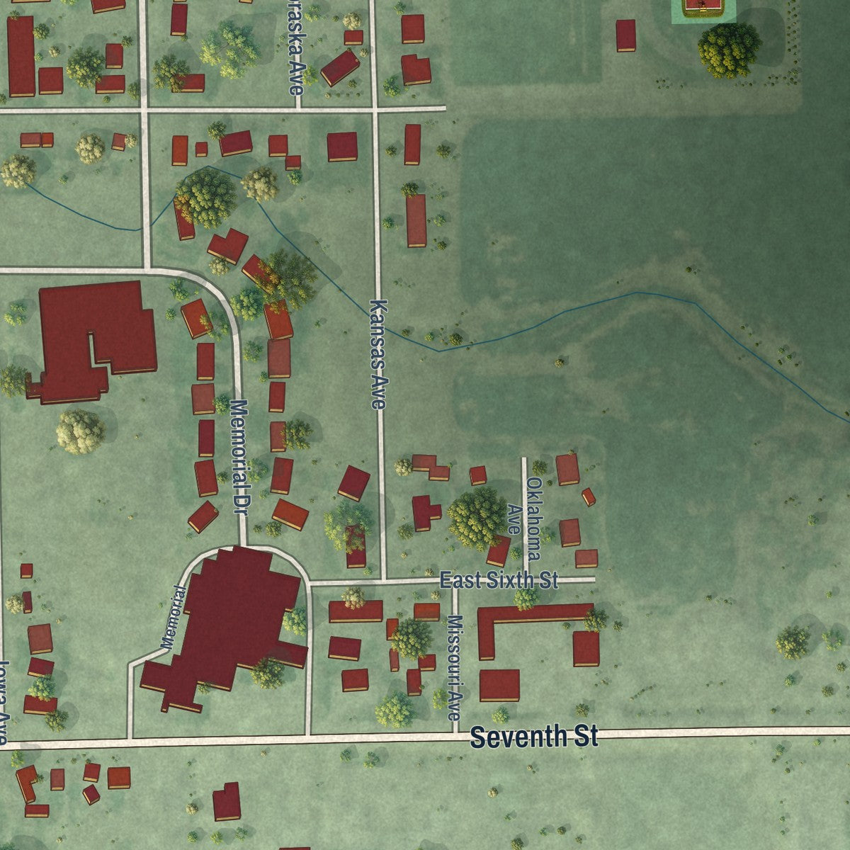Second close-up of the map of Platte, South Dakota print showing more streets and buildings