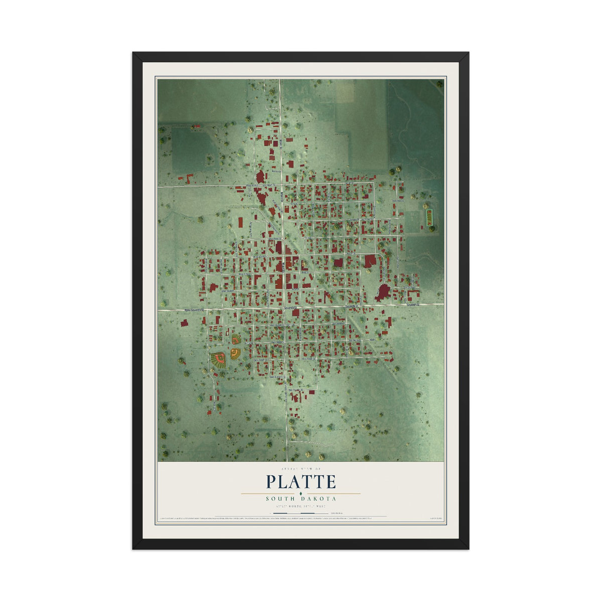 Map of Platte, South Dakota, 12 x 18 inch print in a black wood frame