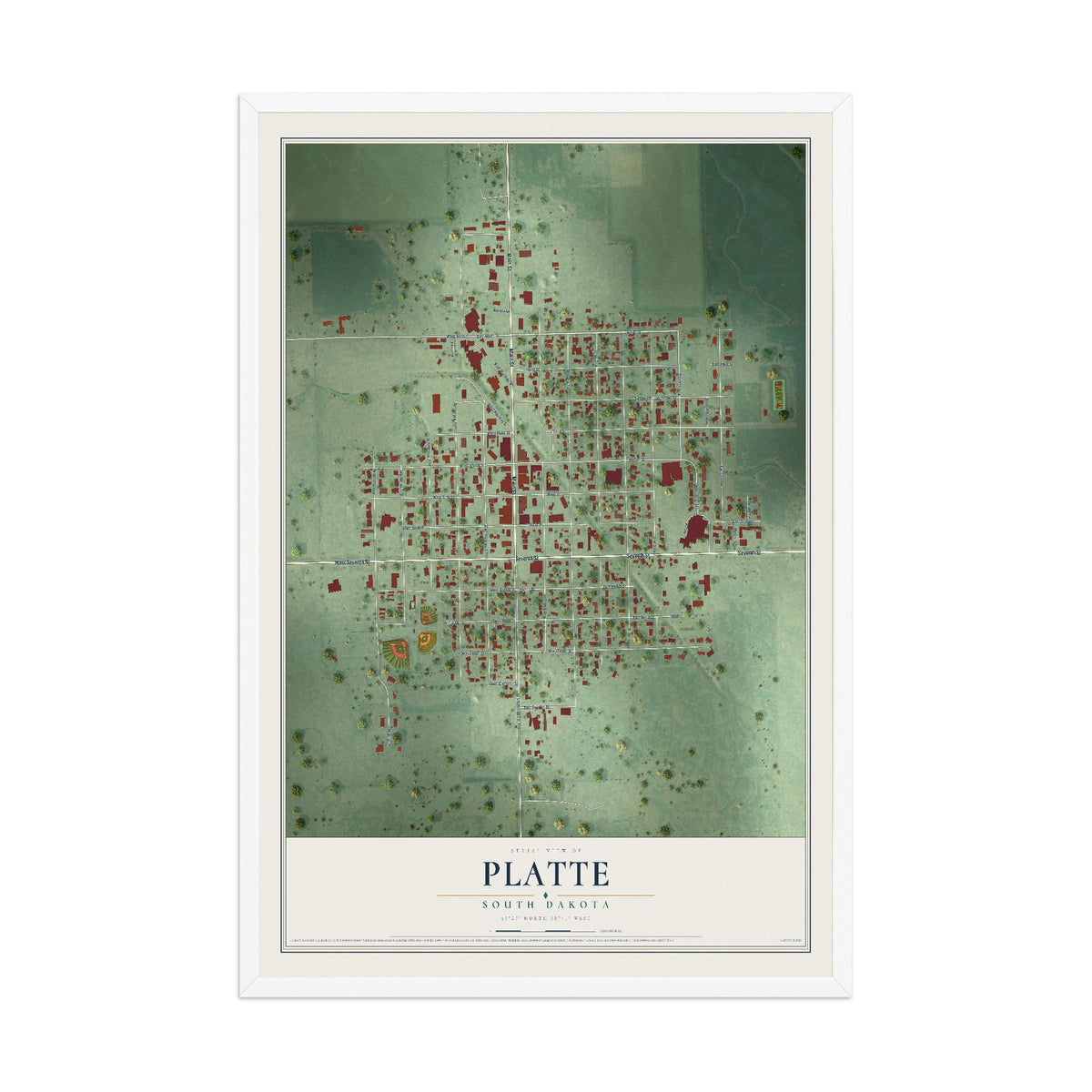 Map of Platte, South Dakota, 12 x 18 inch print in a white wood frame