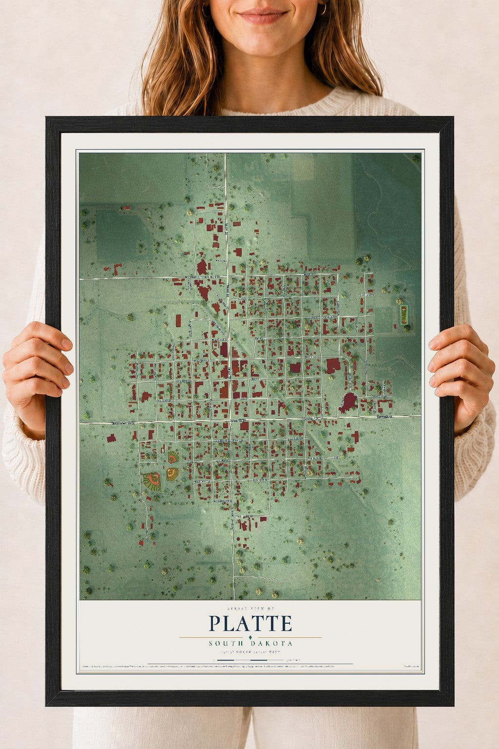 Map of Platte, South Dakota, 18 x 24 inch print in a black wood frame