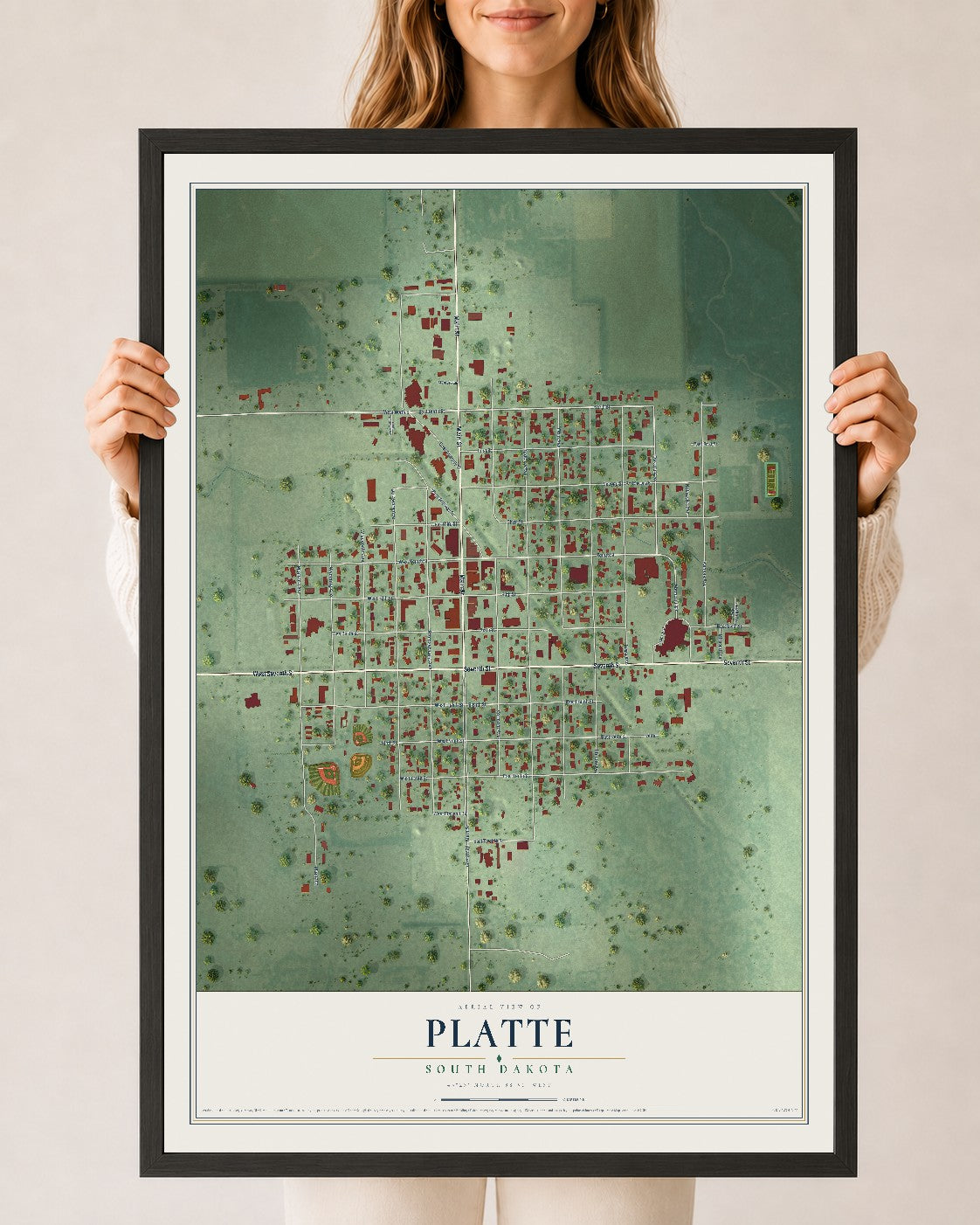 Map of Platte, South Dakota, 24 x 36 inch print in a black wood frame