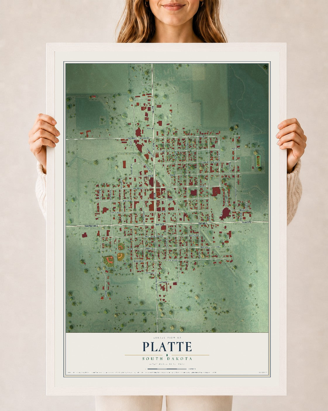 Map of Platte, South Dakota, 24 x 36 inch print in a white wood frame