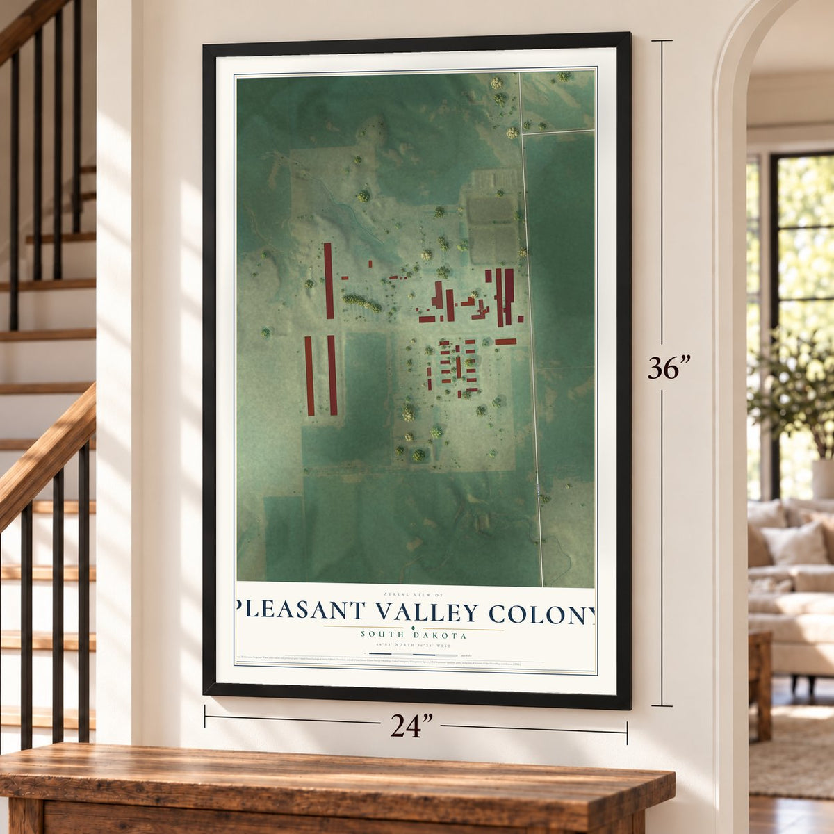 Pleasant Valley Colony, South Dakota map, 24 x 36 inch print in a black frame by a staircase