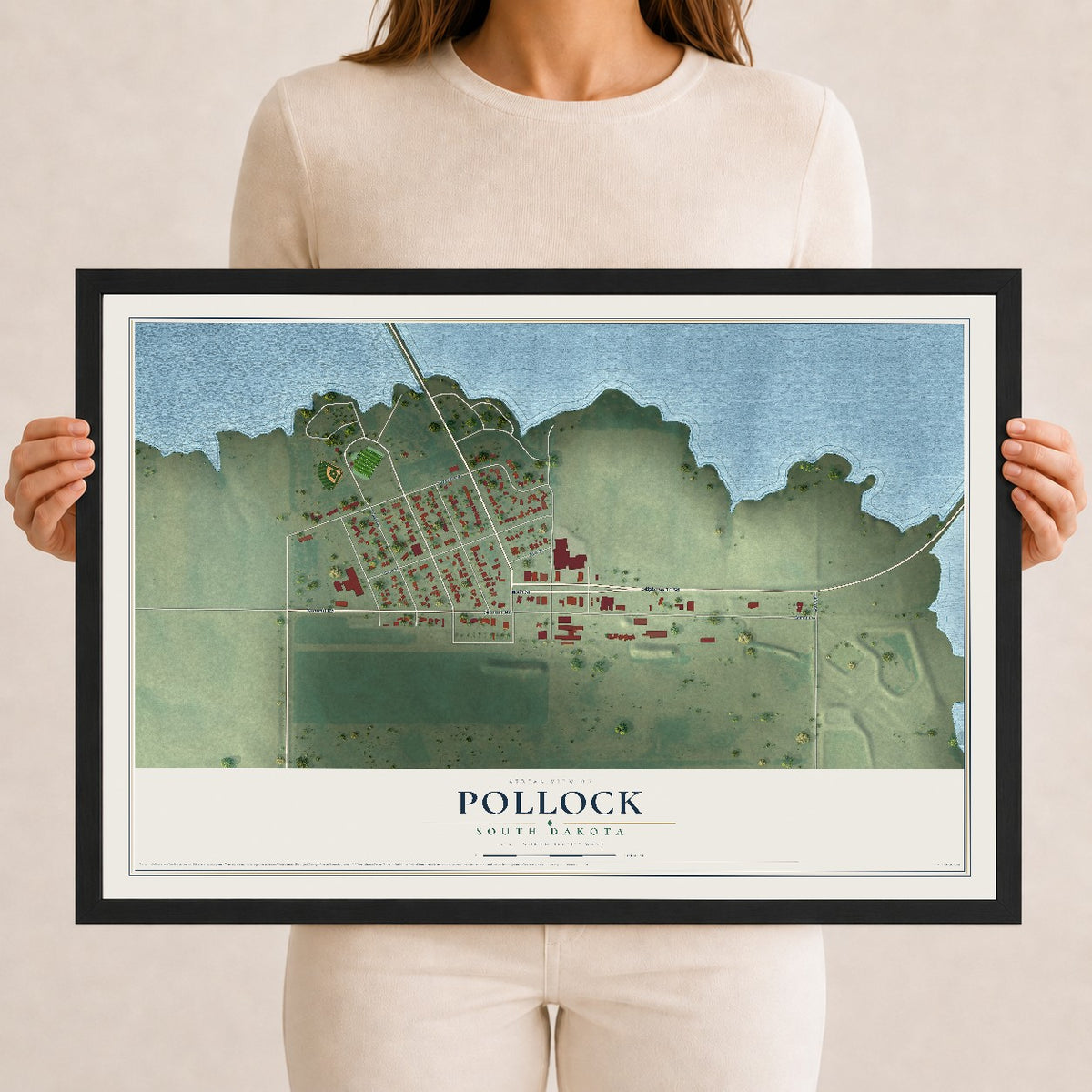 Map of Pollock, South Dakota, 12 x 18 inch print in a black wood frame