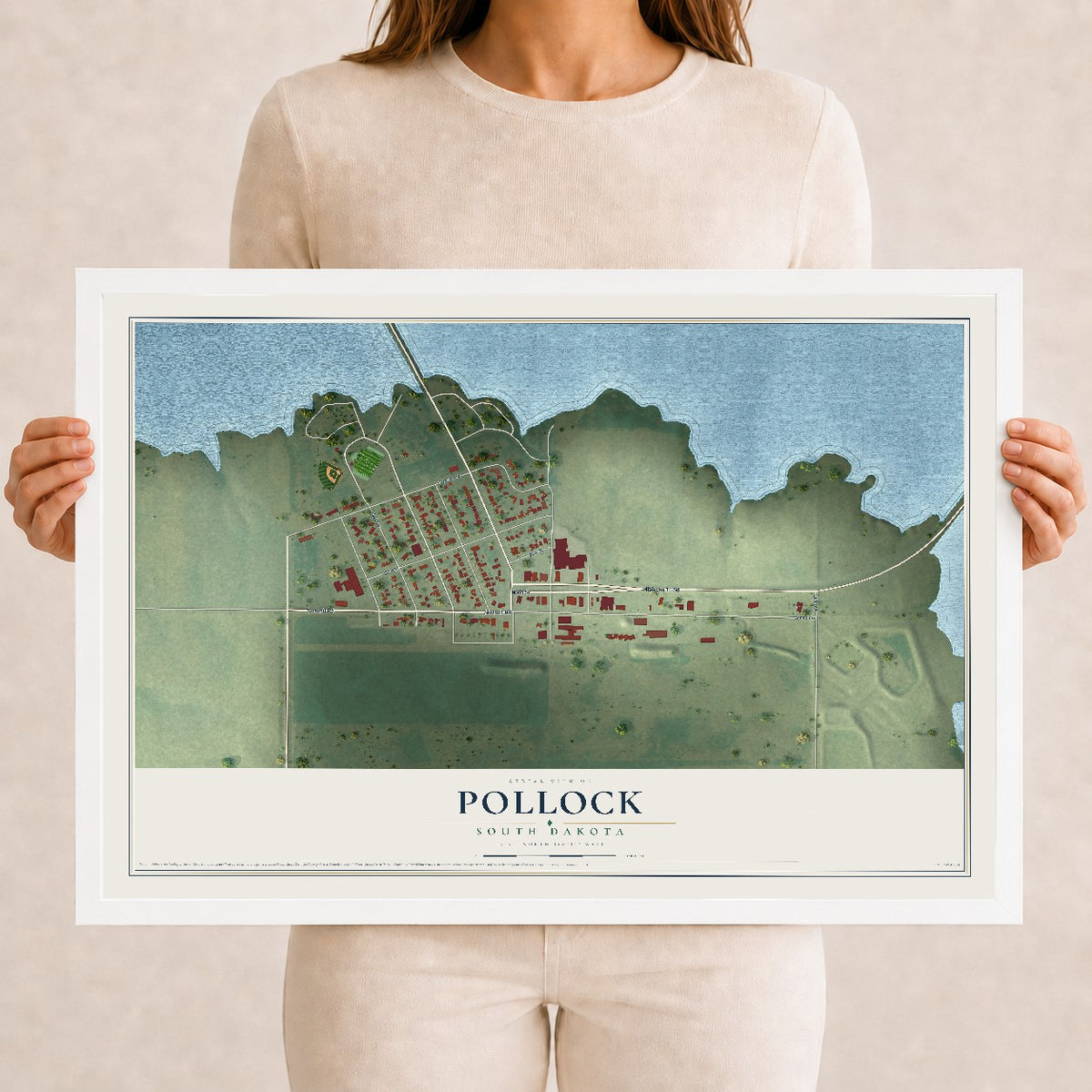 Map of Pollock, South Dakota, 12 x 18 inch print in a white wood frame