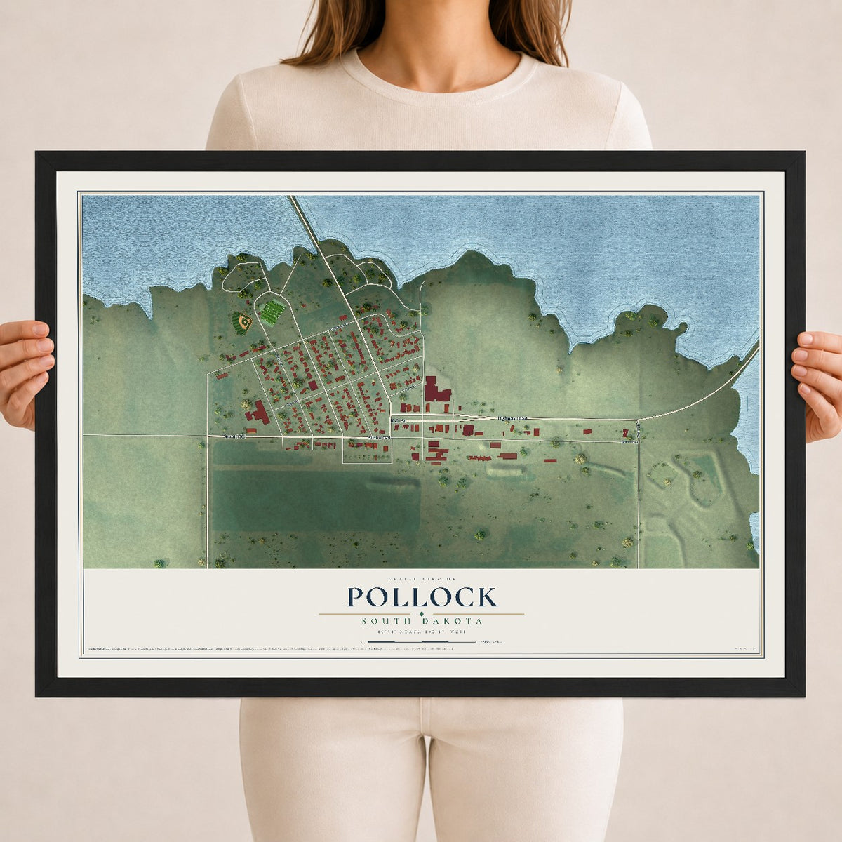 Map of Pollock, South Dakota, 18 x 24 inch print in a black wood frame