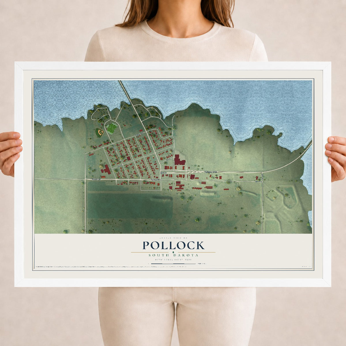 Map of Pollock, South Dakota, 18 x 24 inch print in a white wood frame