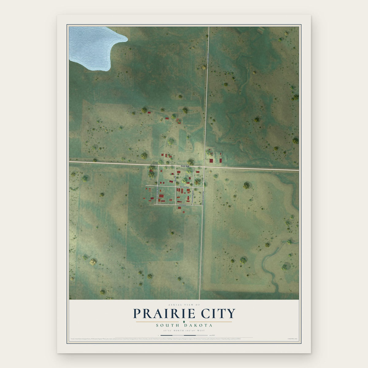 Prairie City, South Dakota map print, the full design