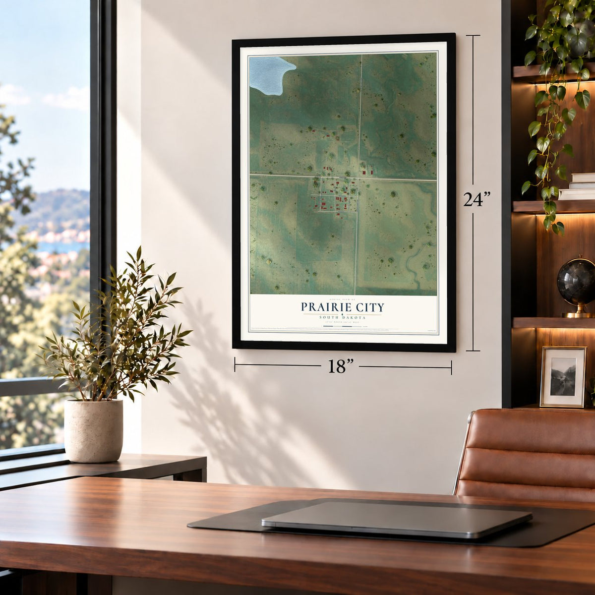 Prairie City, South Dakota map, 18 x 24 inch print in a black frame in a home office