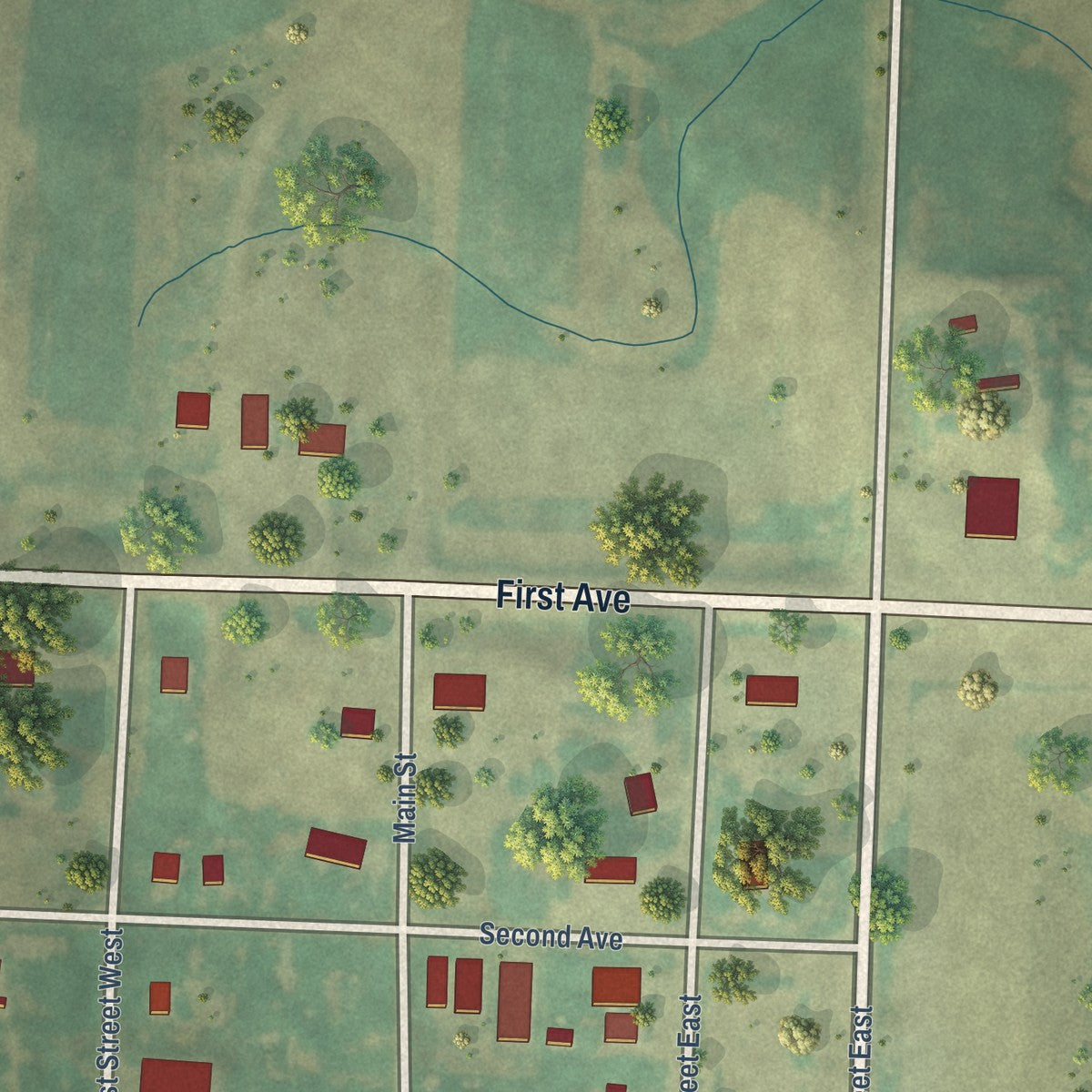 Close-up of the map of Prairie City, South Dakota print showing street and building detail